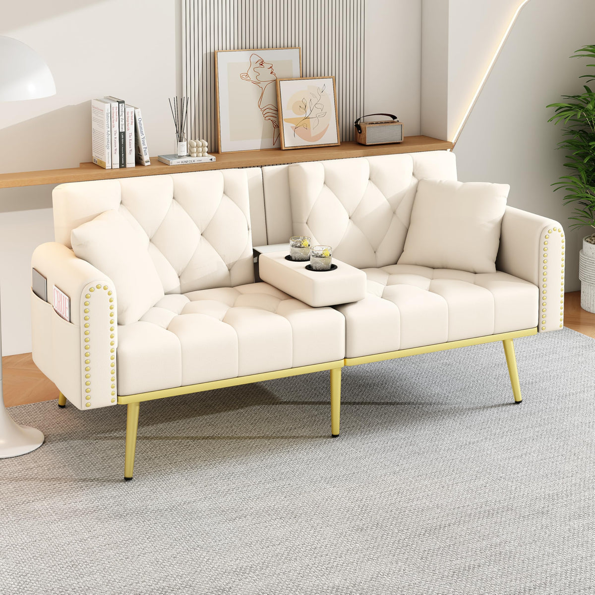 Azkoeesy Sofá cama de 2 plazas con soporte para bebidas, 175 cm, sofá cama con función de dormir, respaldo ajustable en 3 posiciones, patas metálicas doradas y remaches, para sala de estar y cine en