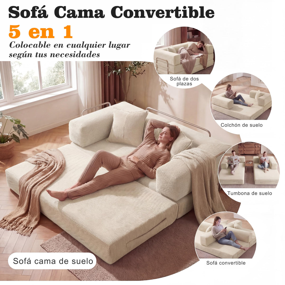 Vipbear Sofá Cama Pana 200×100×70 cm, sofá de Suelo transformable 5 en 1, Espuma de Alta Densidad, Apto para Mascotas y ergonómico, sin Montaje, Verde