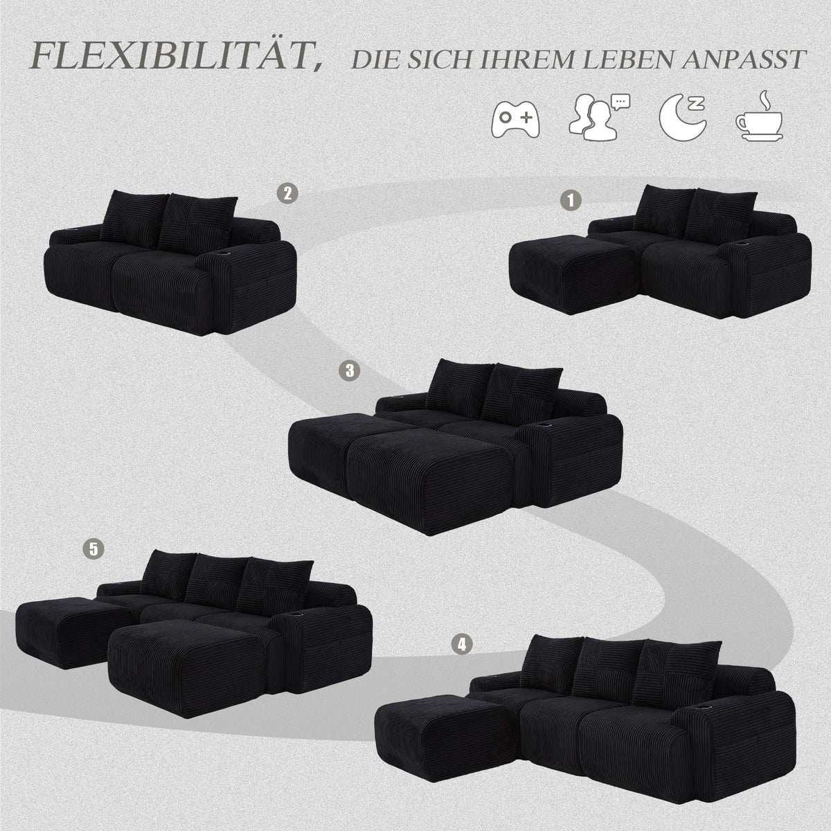 Sofá modular de 200 cm, sofá de 2 plazas con portabebidas y bolsillo de almacenamiento lateral, sofá comprimido de pana, sofá seccional para sala de estar y dormitorio