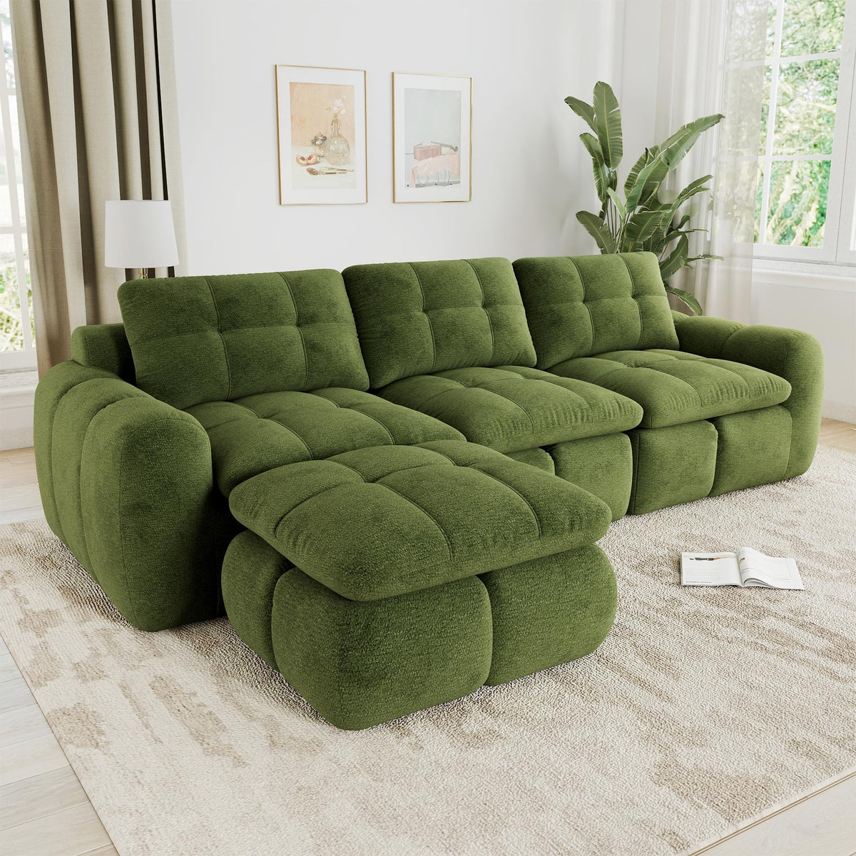 Sofá de 3 plazas con 1 taburete chenilla beige