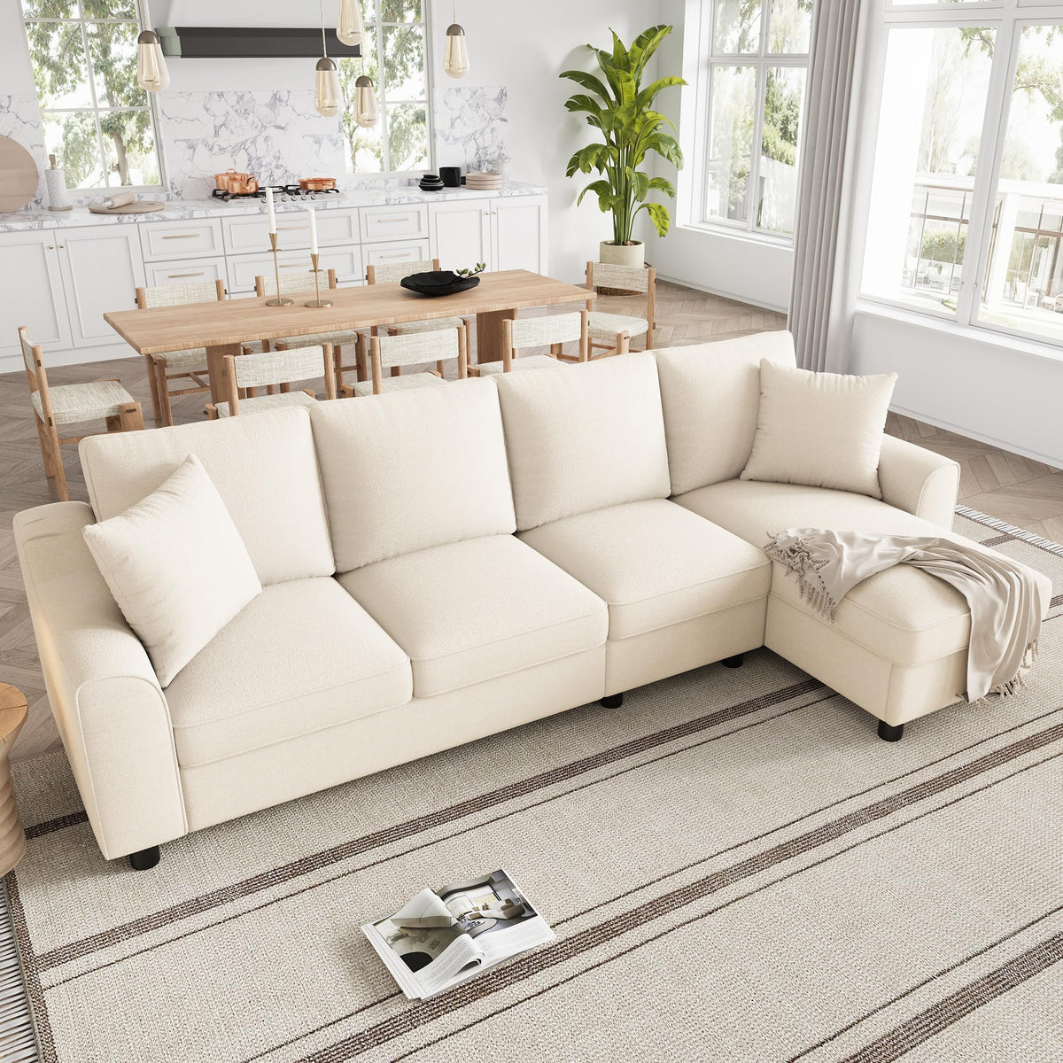 Sofá moderno de chenilla en forma de U con chaise longue, sofá esquinero de 4 plazas con espacio de almacenamiento, puerto USB y tipo C, modular, con soporte para bebidas y cojines suaves
