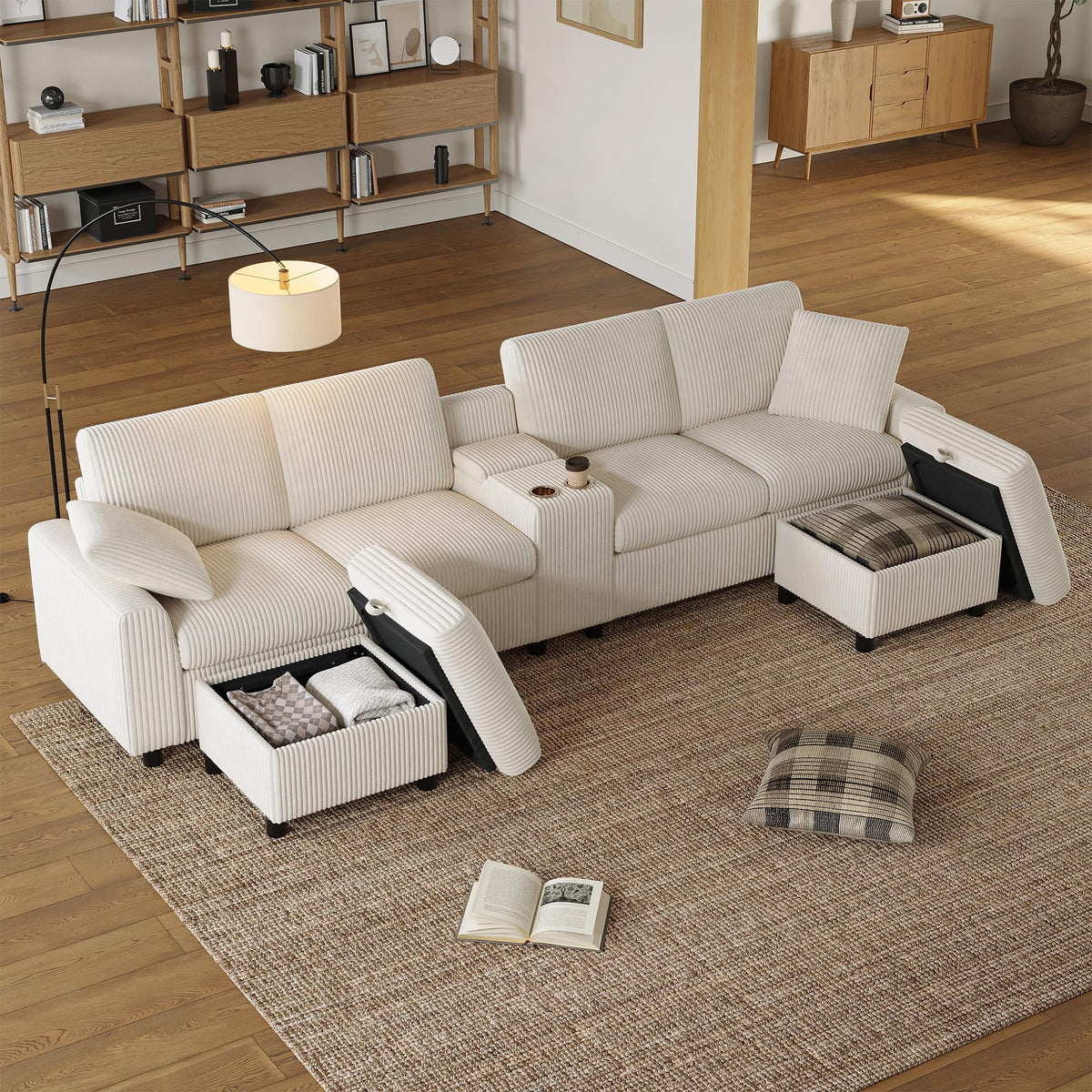 Sofá moderno de chenilla en forma de U con chaise longue, sofá esquinero de 4 plazas con espacio de almacenamiento, puerto USB y tipo C, modular, con soporte para bebidas y cojines suaves