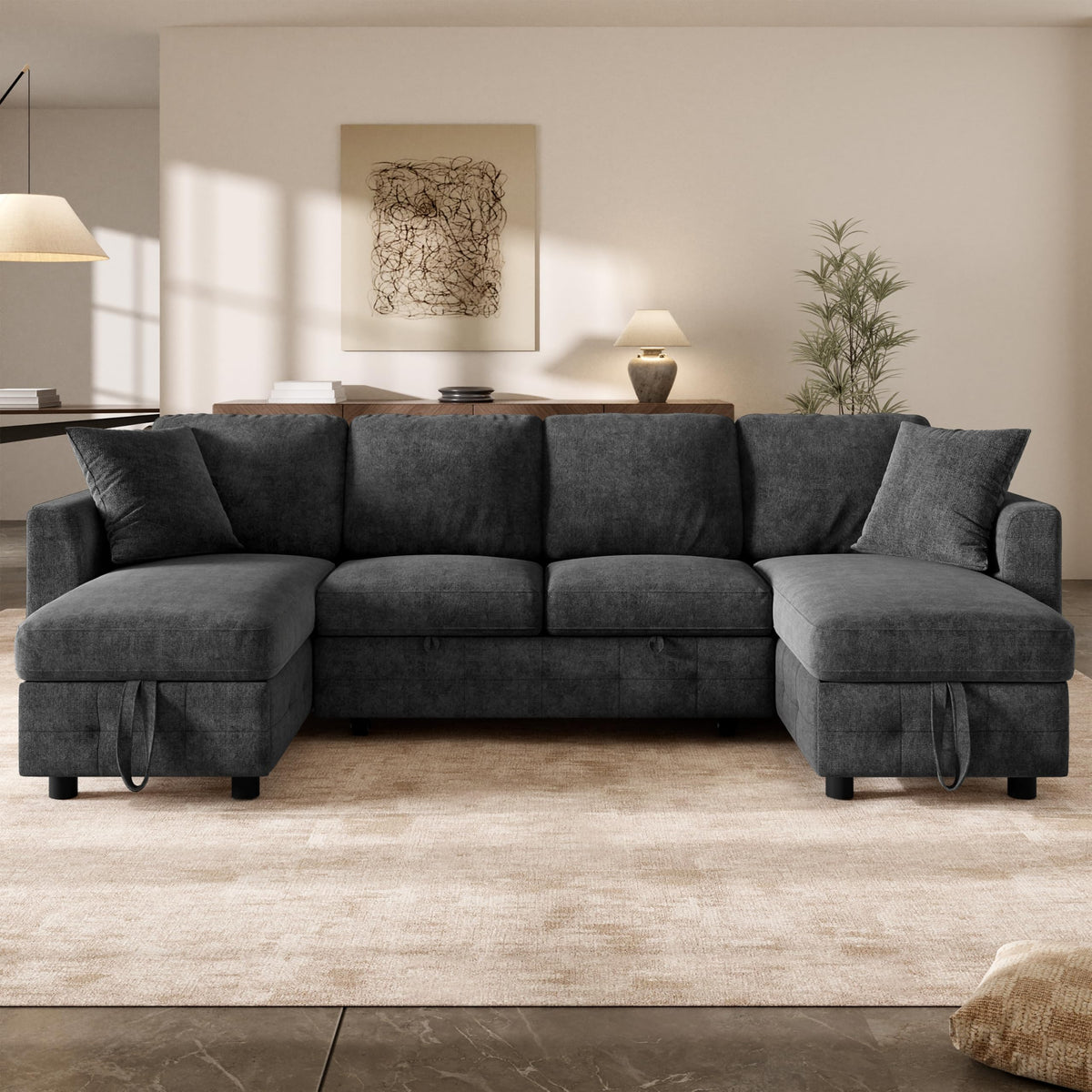 LAKFEW Sofa Cama con Cama Extensible y Taburete Almacenaje, Sofa Rinconera con USB, Lámpara de Lectura, Mesa Plegable con 2 Posavasos, 205x205x85 cm, Gris