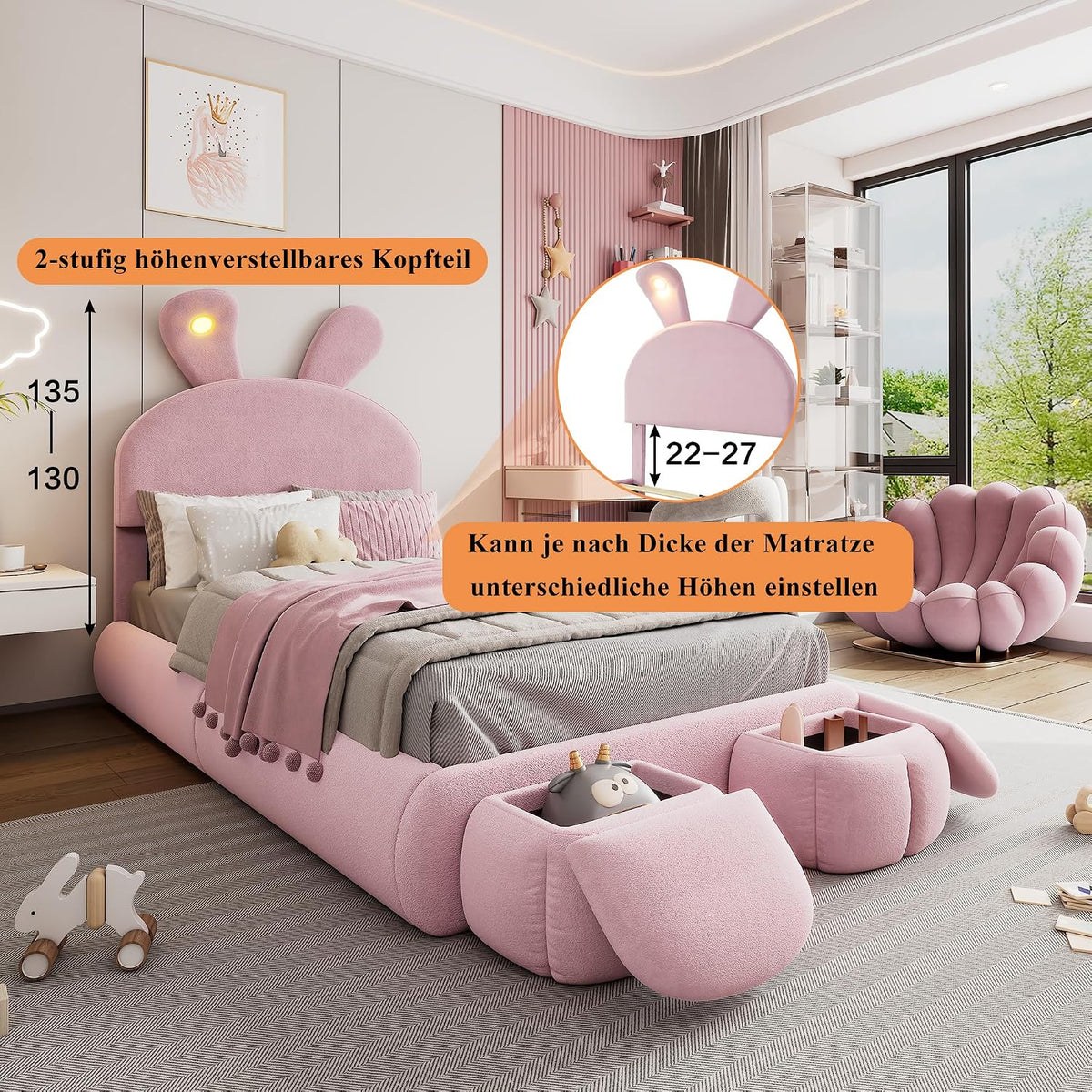 Soweiz Cama tapizada, cama individual, con orejas de conejo y tiras de luz de color cálido con brillo ajustable, con dos cajones de almacenamiento, cama infantil con somier de madera, terciopelo