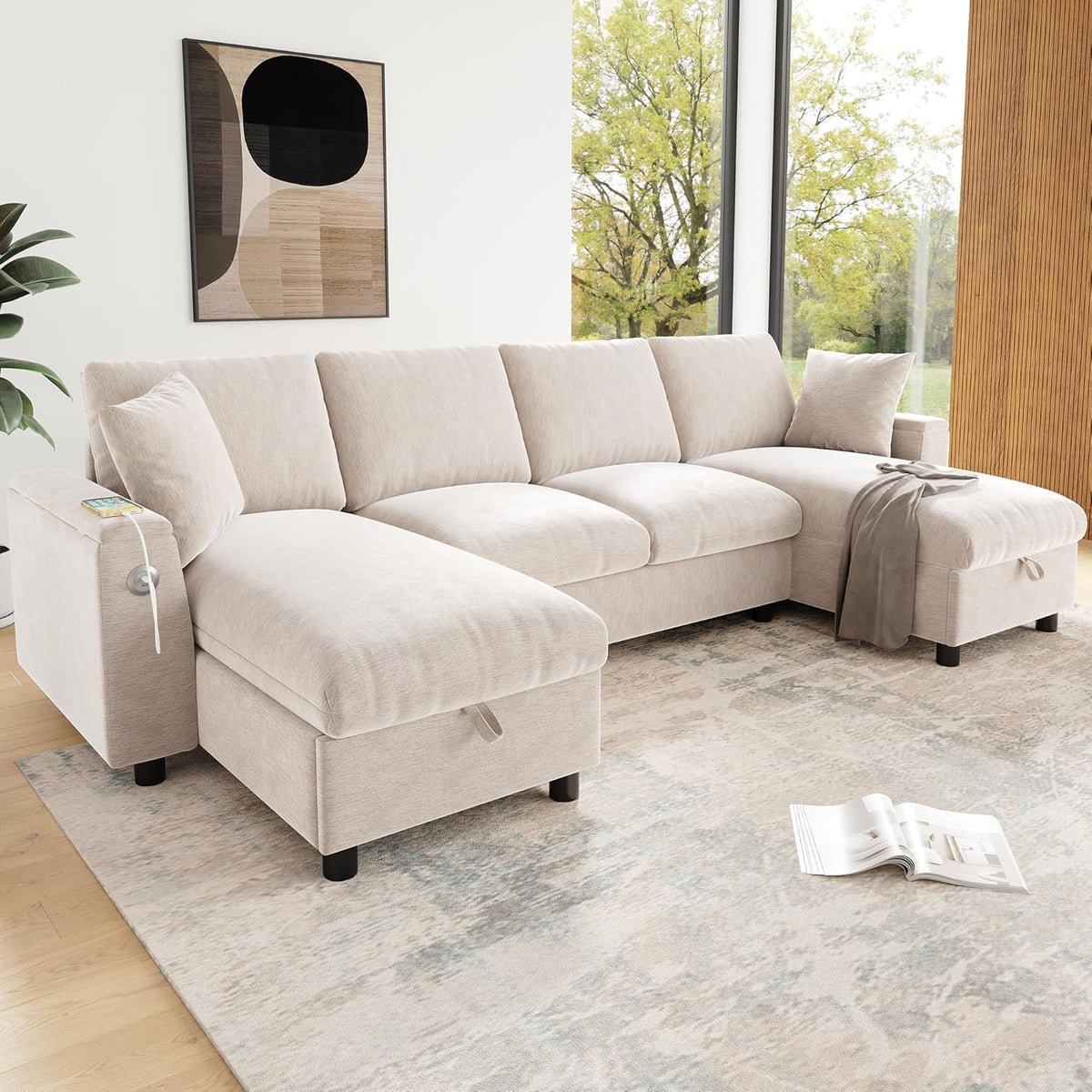 Sofá moderno de chenilla en forma de U con chaise longue, sofá esquinero de 4 plazas con espacio de almacenamiento, puerto USB y tipo C, modular, con soporte para bebidas y cojines suaves