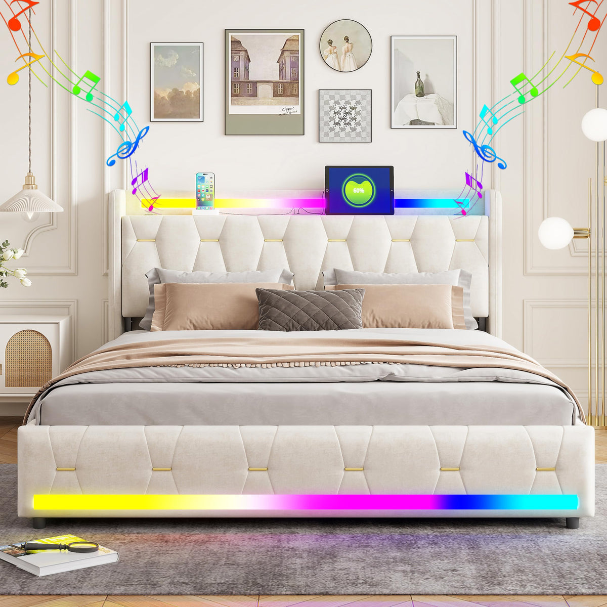 Estructura de Cama de Cuero 160x200cm con Carga USB Type-C, Blanco