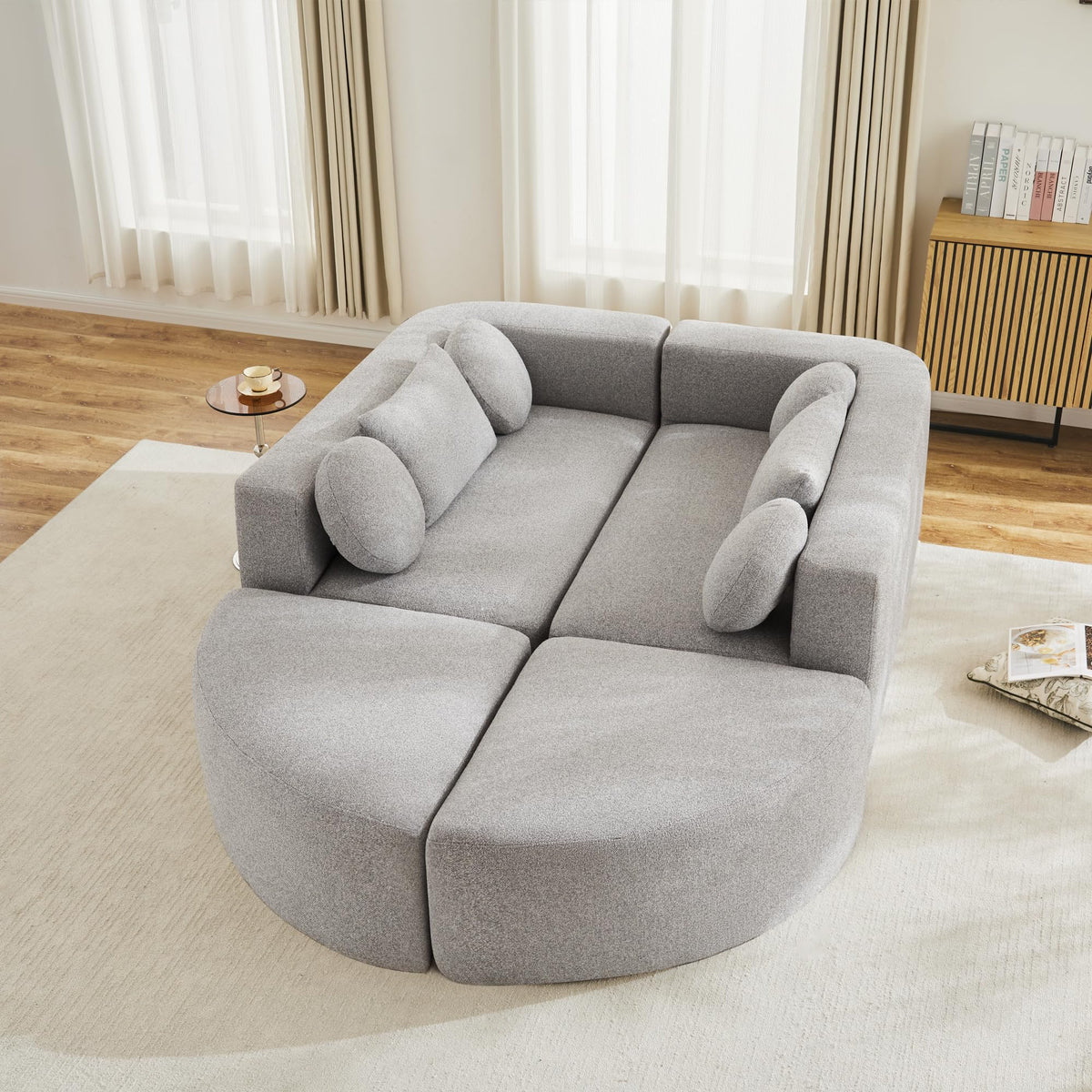 LAKFEW Sofa Cama con Cama Extensible y Taburete Almacenaje, Sofa Rinconera con USB, Lámpara de Lectura, Mesa Plegable con 2 Posavasos, 205x205x85 cm, Gris