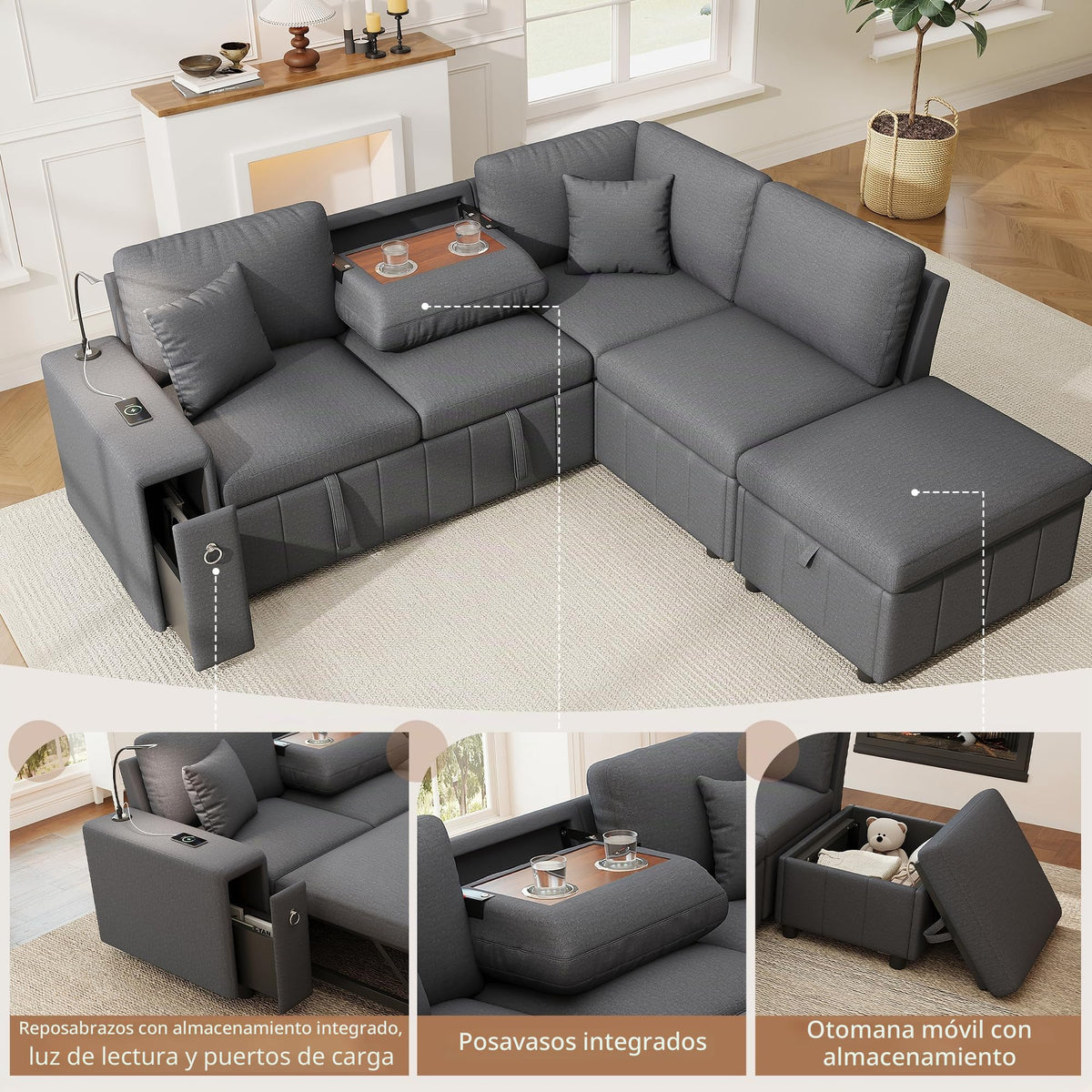 Sofá esquinero extensible en forma de L con puerto USB y portavasos, sofá cama de 4 plazas con función cama, sofá convertible con espacio de almacenamiento y reposabrazos, cojines, chenilla