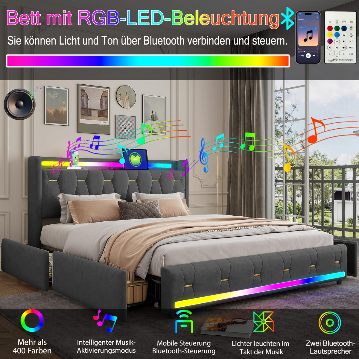 Estructura de Cama de Cuero 160x200cm con Carga USB Type-C, Blanco