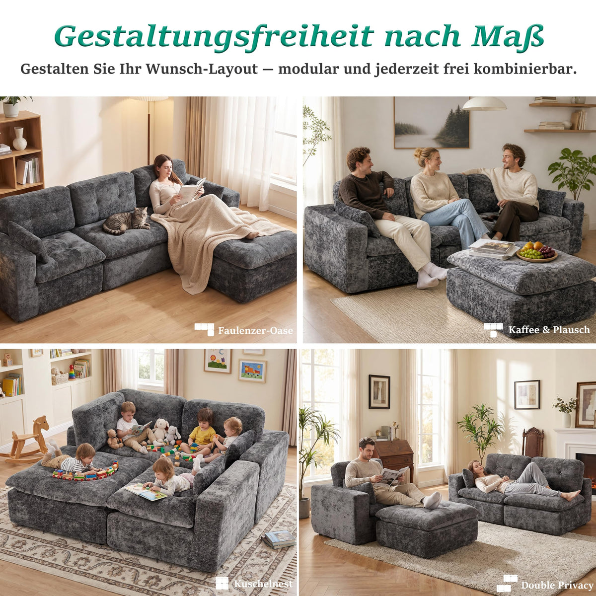 Sofá modular de 3 plazas con función de dormir, asiento extra profundo, felpilla para el hogar, sofá sin marco, sofá cama flexible para salón, verde