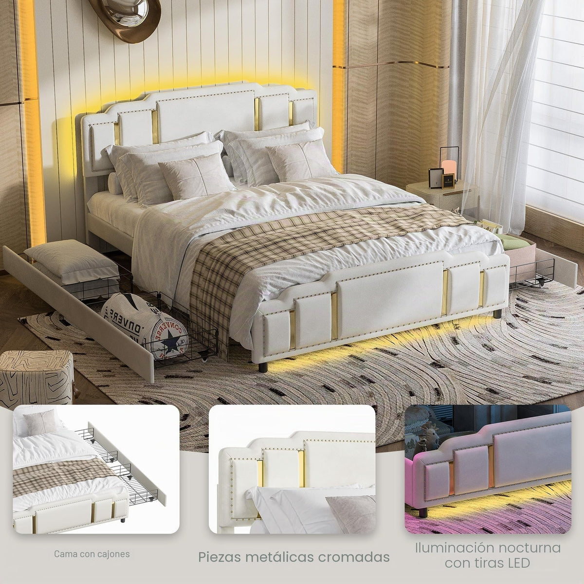 Cama tapizada de 160 x 200 cm con espacio de almacenamiento e iluminación LED, cama doble hidráulica con detalles dorados, cama de terciopelo de lujo con sincronización de música y