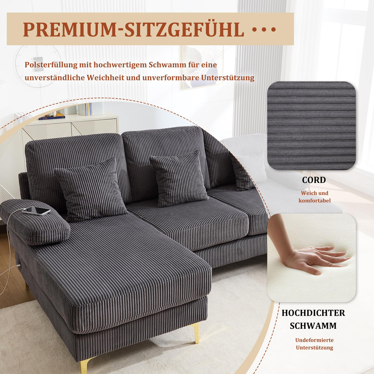 Lubvtti Sofá Moderno en U con iluminación Ambiental LED y Puerto USB+Type-C,sofá 4 plazas con 4 Cojines de Lujo y Respaldo ergonómico, sofá cheslong 4 plazas,Terciopelo,Negro