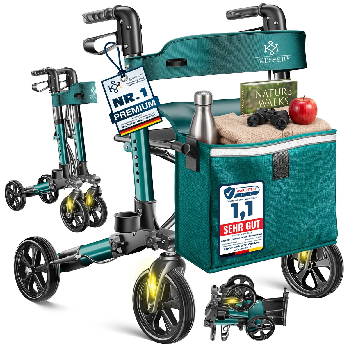 KESSER® Andador plegable con asiento y respaldo, 4 Ruedas/Frenos/Saco de Compra y Porta Bastón, Altura Ajustable 82-94cm, Andador, Carro, Rollator para Ancianos Gris