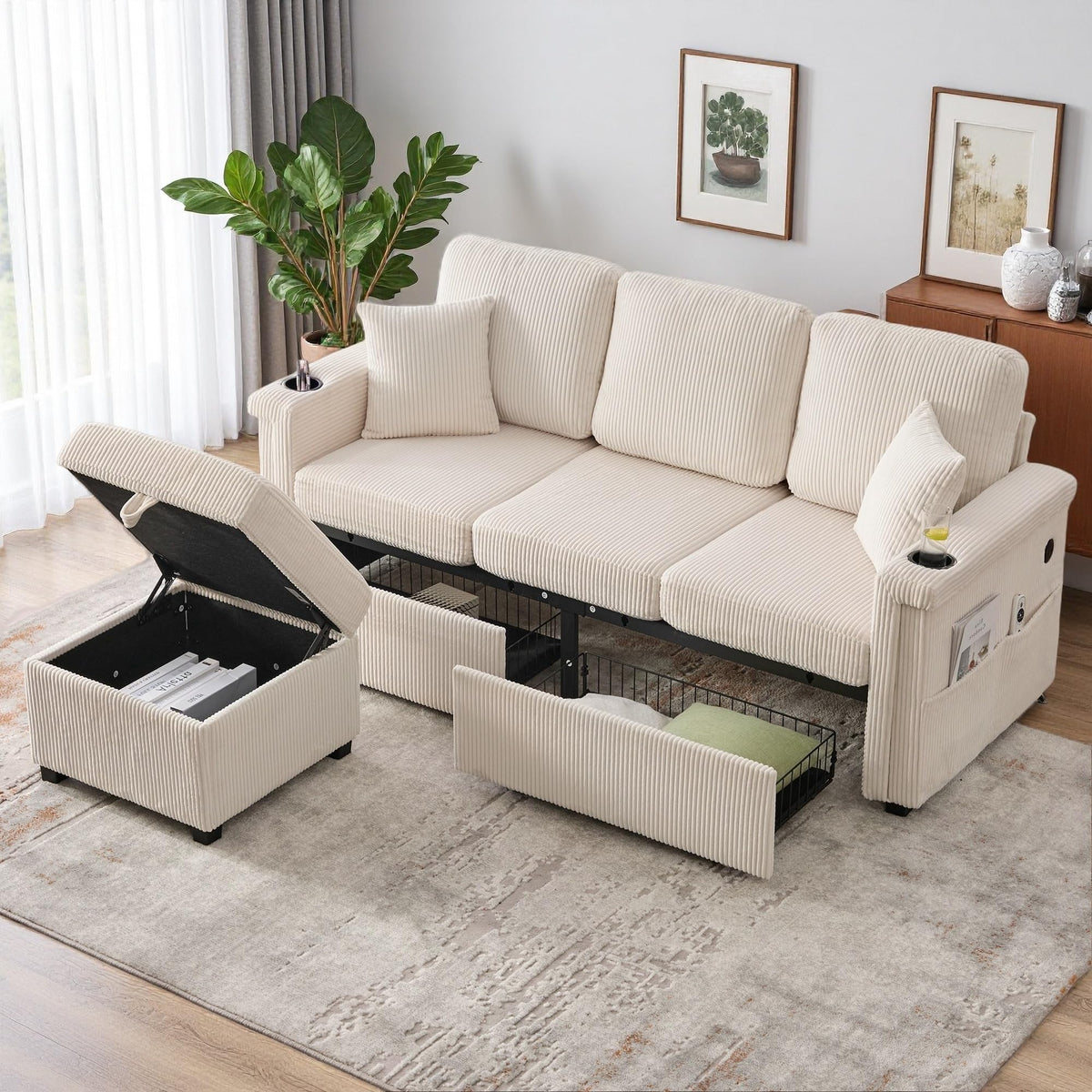 Lubvtti Sofá cama de 3 plazas moderno con función de cama, con espacio de almacenamiento, cargador USB, reposabrazos portaobjetos y 2 cojines, sofá de esquina en L, sofá de 3 plazas, chenilla (C-gris)