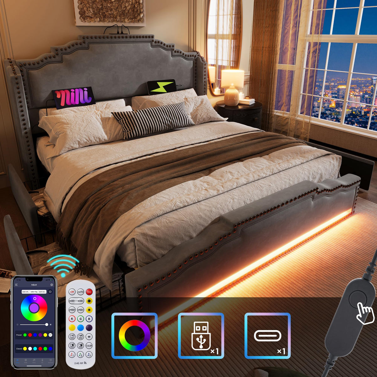Cama tapizada de 160 x 200 cm, cama doble con 4 cajones, iluminación LED y puerto de carga USB-C, cama de almacenamiento y cama juvenil con somier, terciopelo, beige, sin colchón