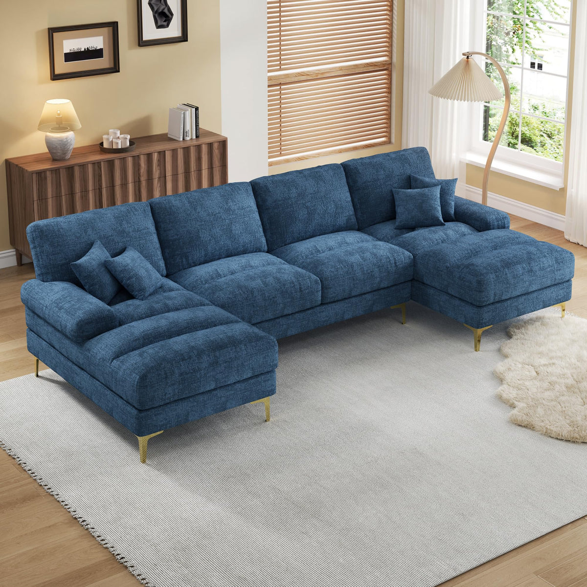 Sapgaks Sofá Seccional en U Moderno,Sofá 4 plazas,Mueble Acolchado de diseño Moderno,Tela de Chenilla (Beige)