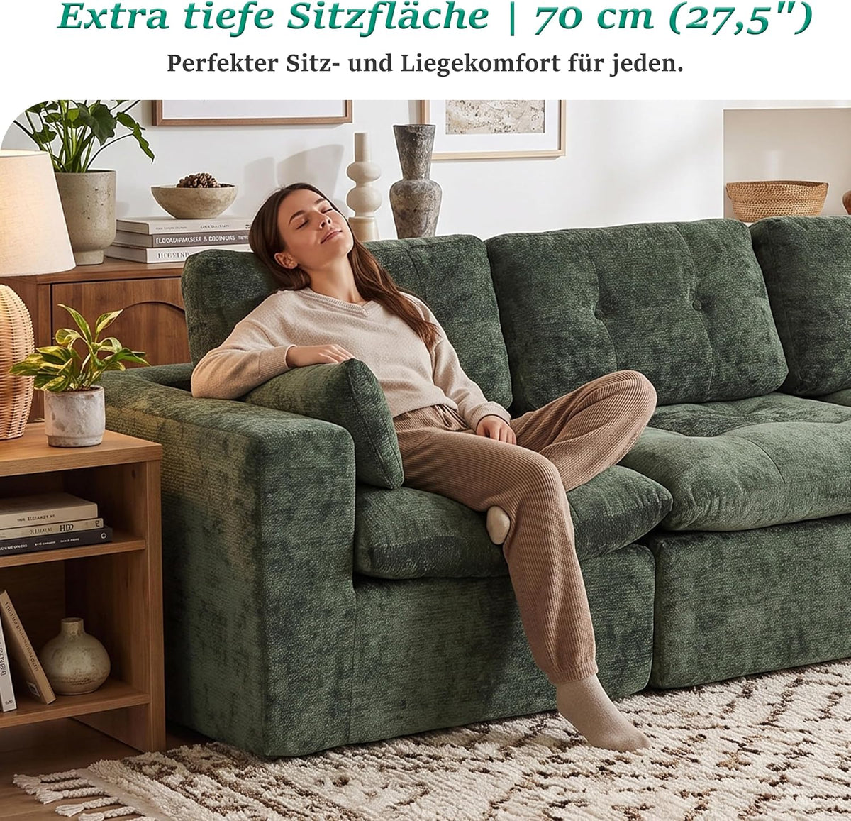 Sofá modular de 3 plazas con función de dormir, asiento extra profundo, felpilla para el hogar, sofá sin marco, sofá cama flexible para salón, verde