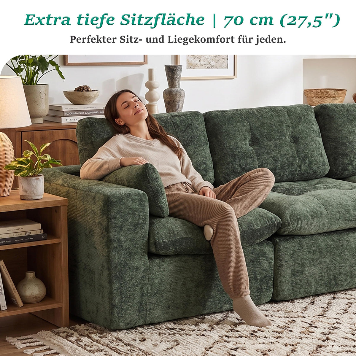 Sofá modular de 3 plazas con función de dormir, asiento extra profundo, felpilla para el hogar, sofá sin marco, sofá cama flexible para salón, verde