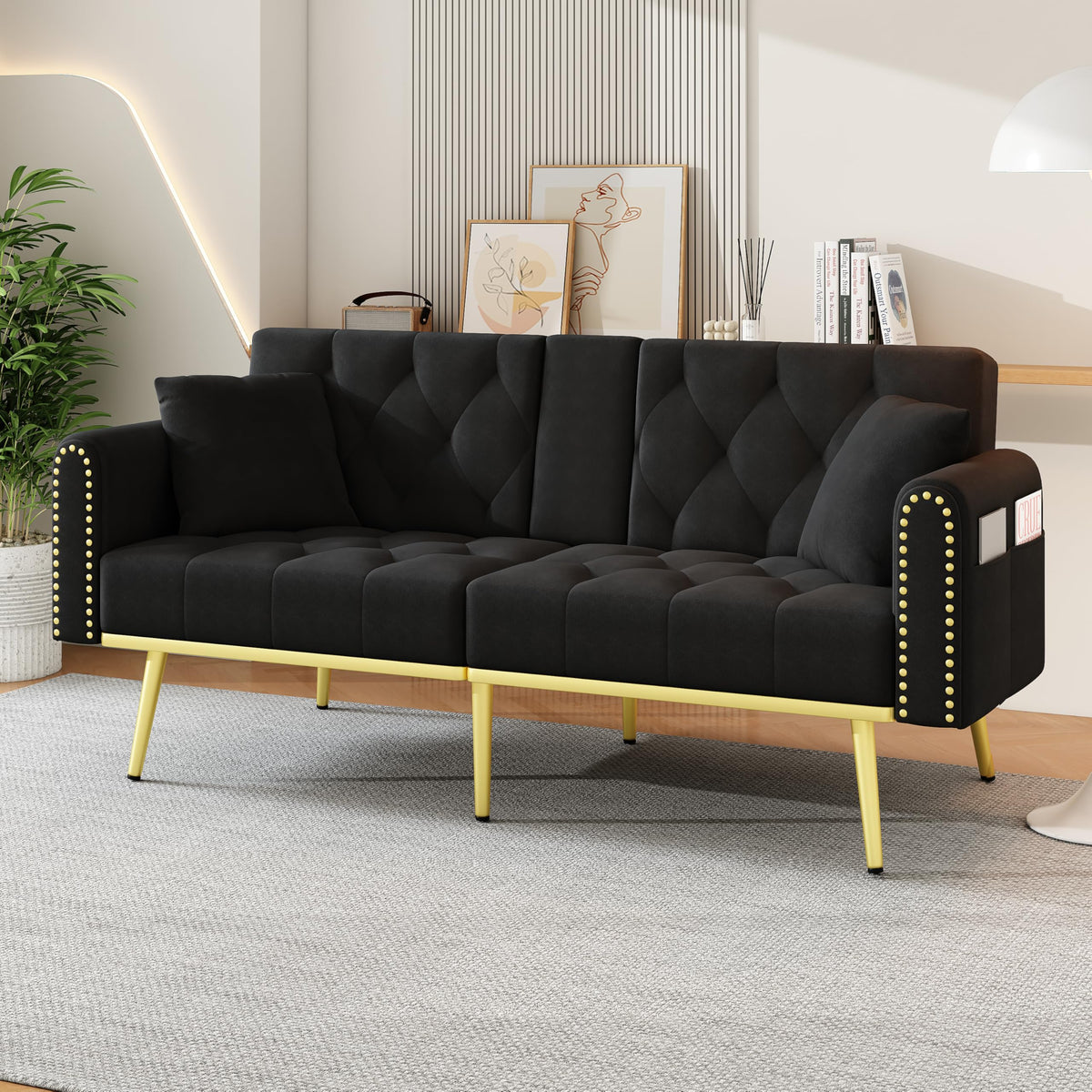 Azkoeesy Sofá cama de 2 plazas con soporte para bebidas, 175 cm, sofá cama con función de dormir, respaldo ajustable en 3 posiciones, patas metálicas doradas y remaches, para sala de estar y cine en