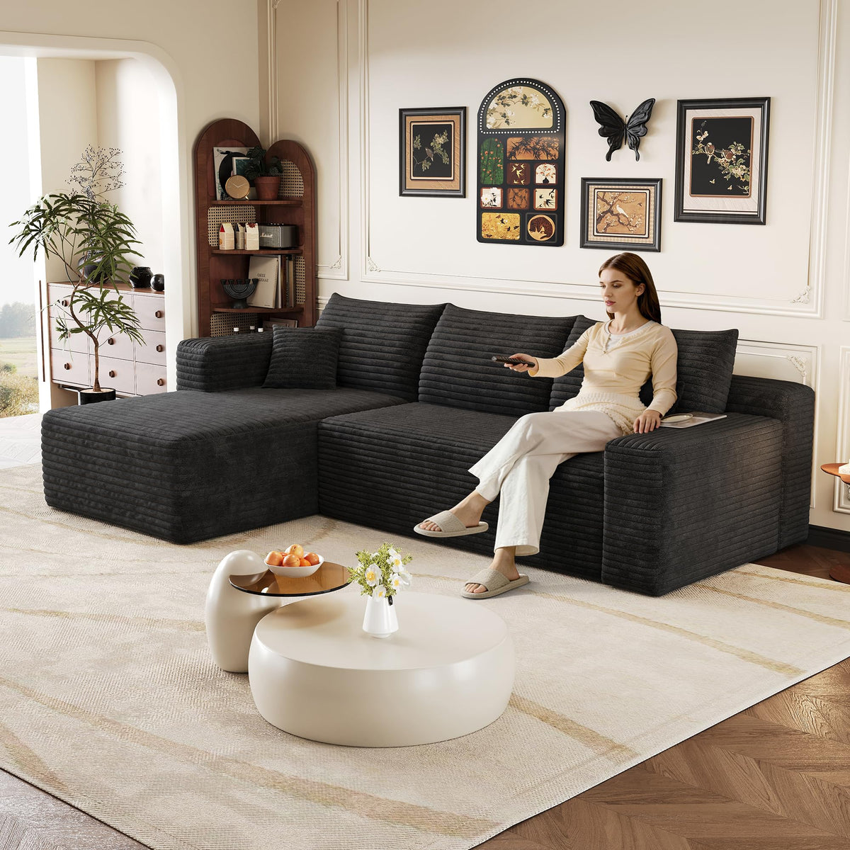 Sofá modular de 200 cm, sofá de 2 plazas con portabebidas y bolsillo de almacenamiento lateral, sofá comprimido de pana, sofá seccional para sala de estar y dormitorio