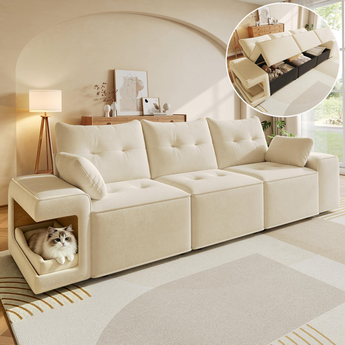 Sofá modular de 6 plazas, sofá esquinero en forma de L/U, puertos USB/tipo C, portavasos y espacio de almacenamiento, tela de chenilla, 7 cojines, salón, dormitorio y oficina, color beige