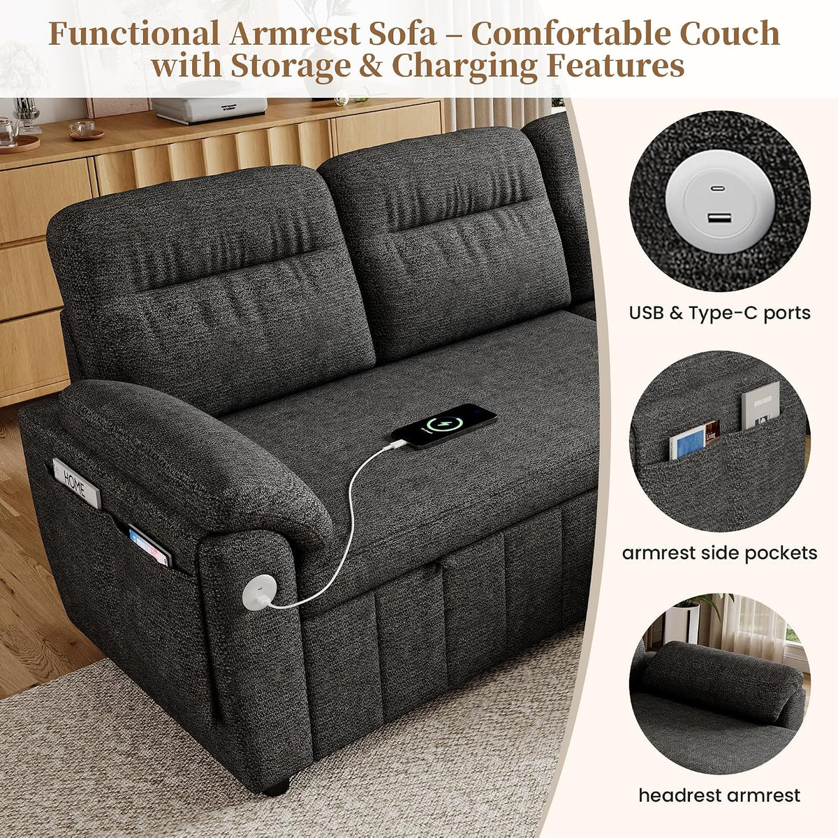 Sofá modular de 3 plazas con función cama extensible y USB/Type-C, sofá esquinero en forma de L con reposacabezas semifijos y compartimento de almacenamiento, sofás con chaise longue