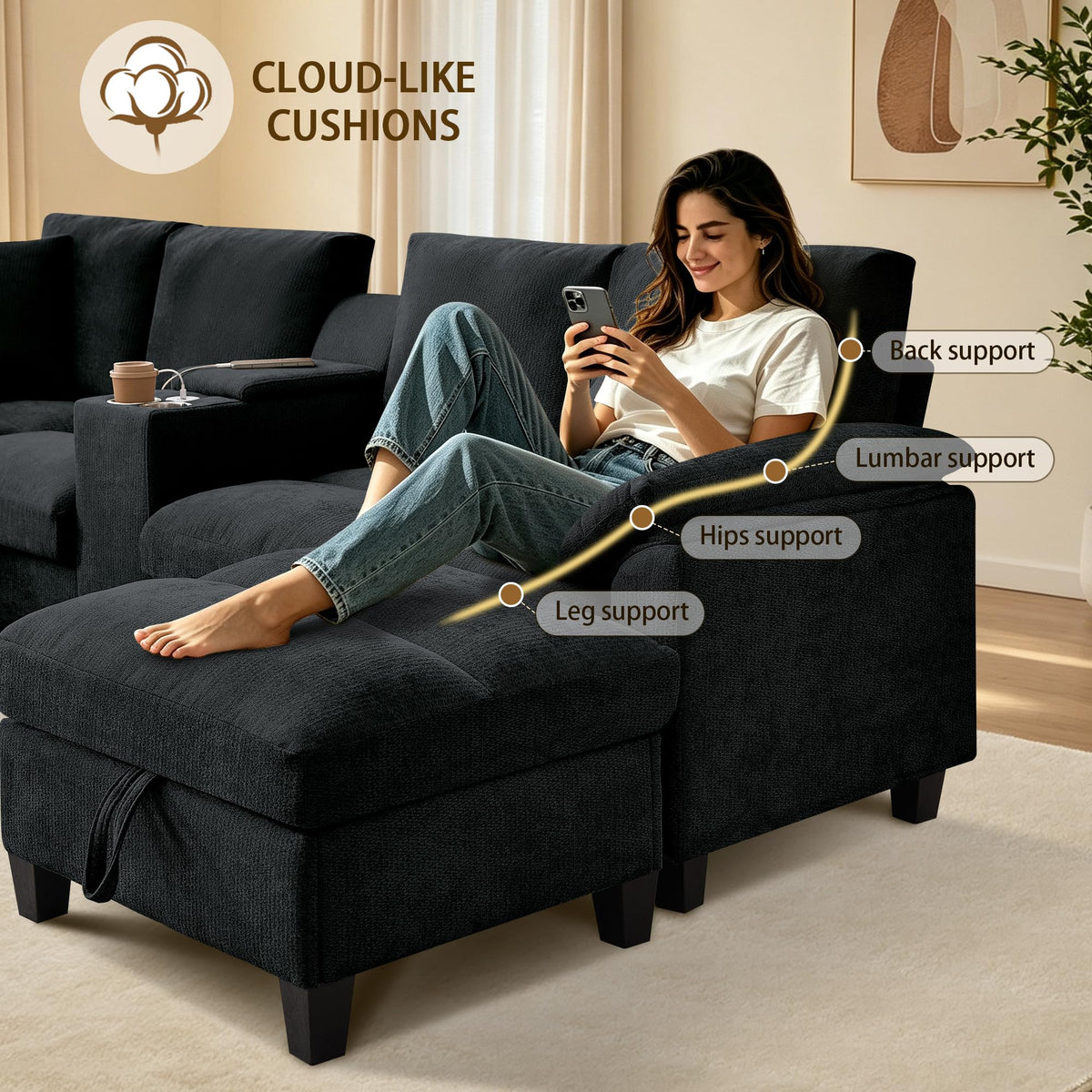 Modular Forma U Sofá de 4 Plazas, 295cm Sofá Esquinero para Sala