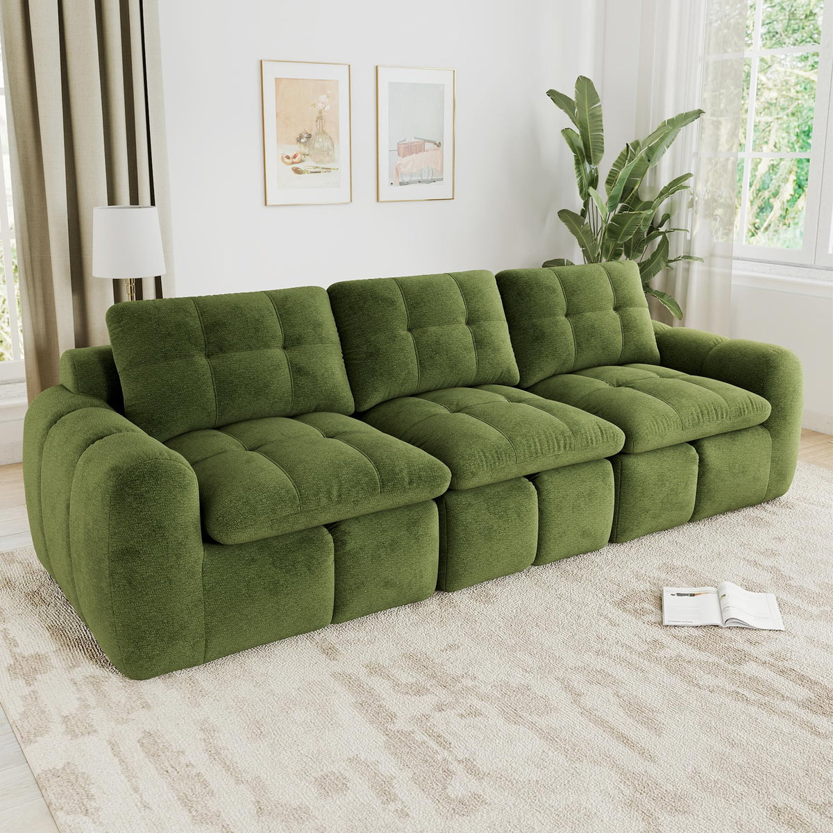 Sofá de 3 plazas con 1 taburete chenilla beige