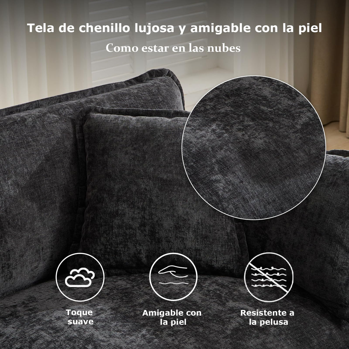 Sofá de salón modular 4 plazas 380cm, chenilla azul con cojines dobles