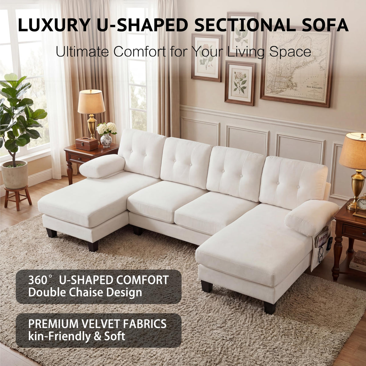 Sofá modular de 6 plazas, sofá esquinero en forma de L/U, puertos USB/tipo C, portavasos y espacio de almacenamiento, tela de chenilla, 7 cojines, salón, dormitorio y oficina, color beige