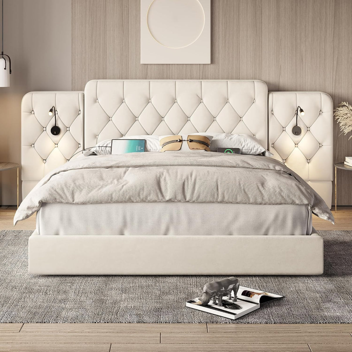 Estructura de cama con cabecero largo, 180 x 200 cm, material de terciopelo moderno, varios puertos USB, lámpara de escritorio, sistema hidráulico, espacio de almacenamiento extra grande en la