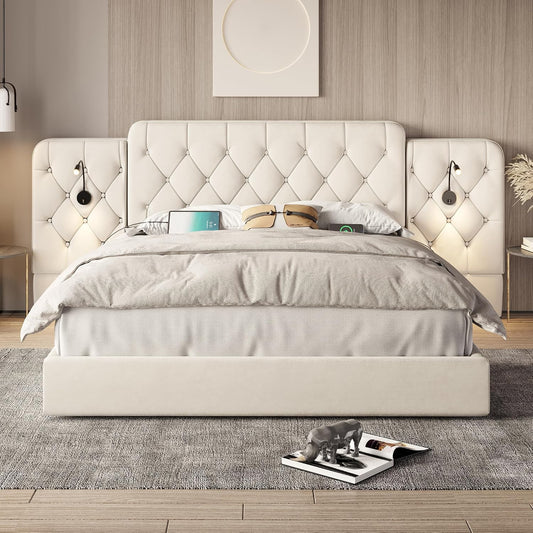 Estructura de cama con cabecero largo, 180 x 200 cm, material de terciopelo moderno, varios puertos USB, lámpara de escritorio, sistema hidráulico, espacio de almacenamiento extra grande en la