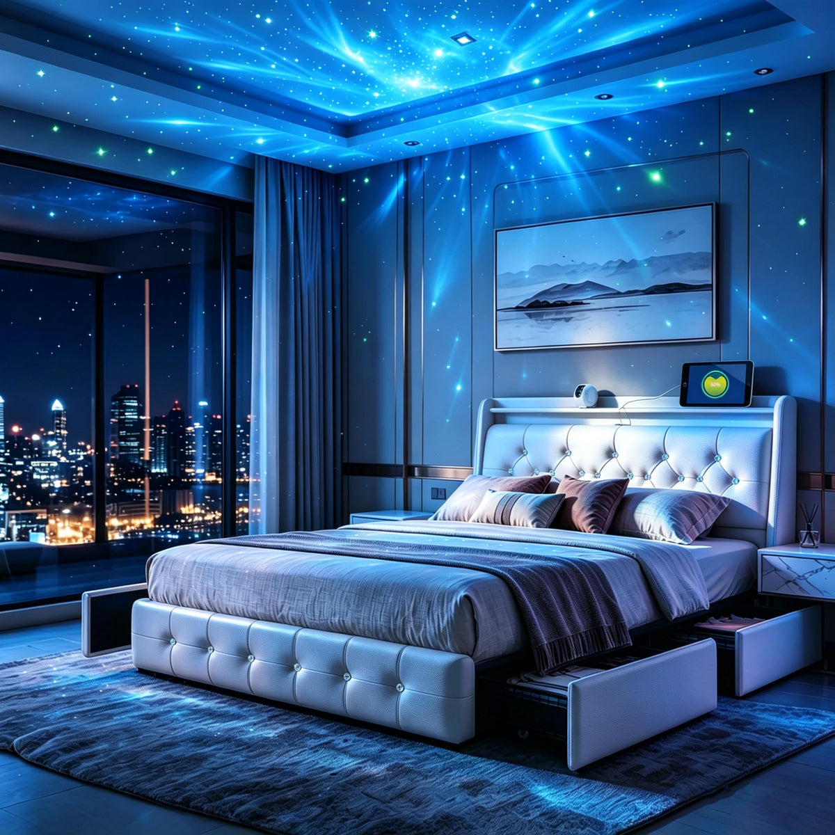 Armazón de Cama de Cuero 140x200cm con luz LED, Blanco