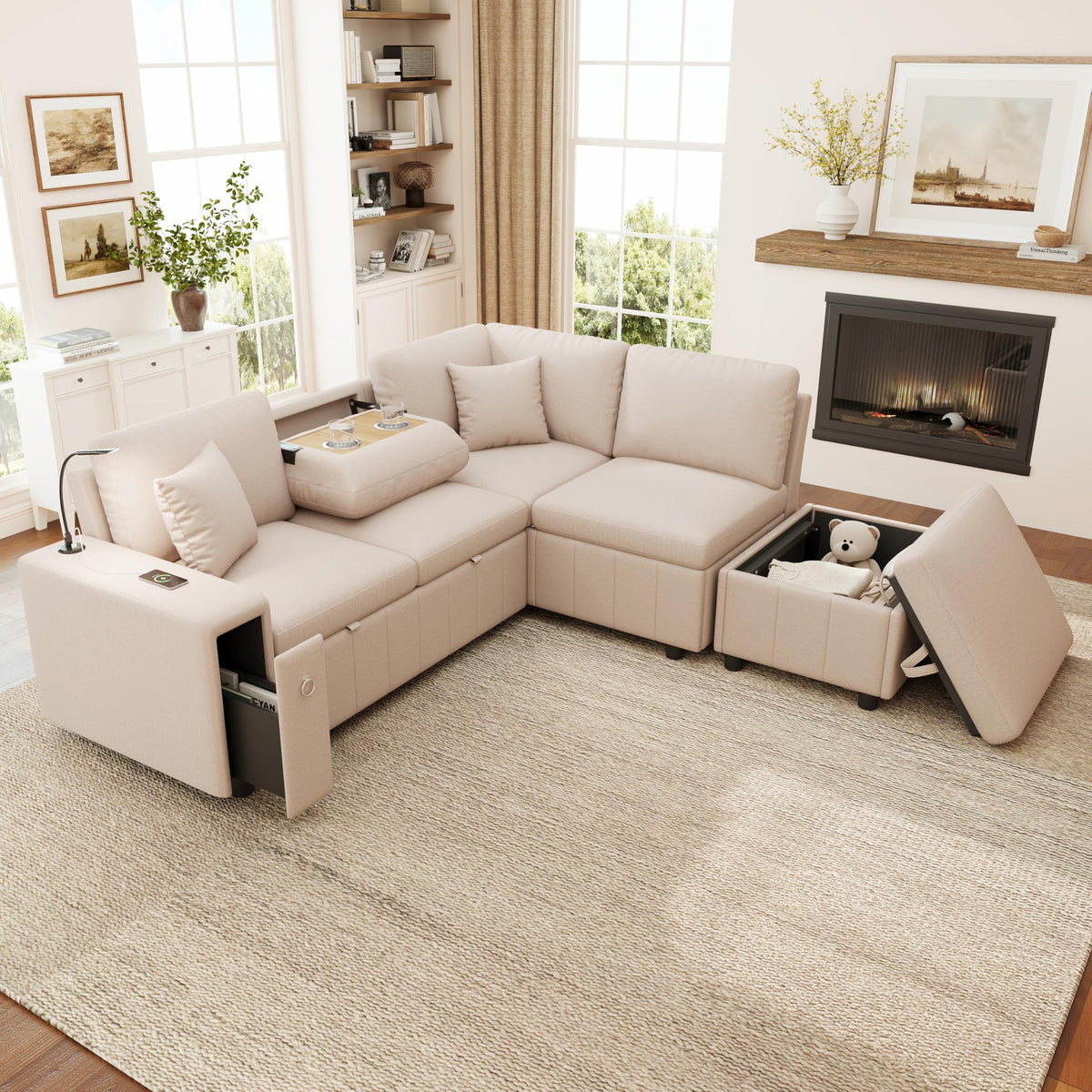 Sofá esquinero extensible en forma de L con puerto USB y portavasos, sofá cama de 4 plazas con función cama, sofá convertible con espacio de almacenamiento y reposabrazos, cojines, chenilla