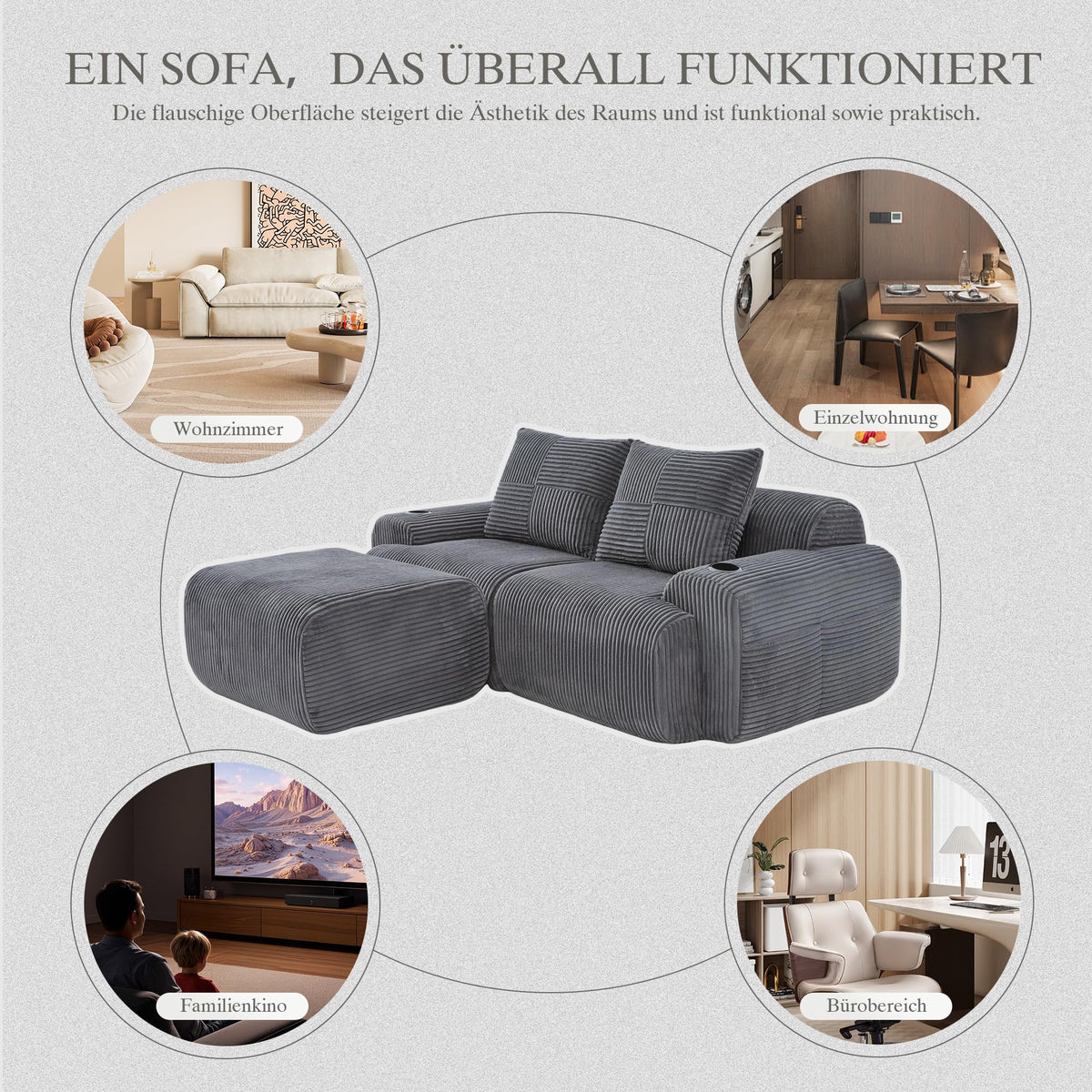 Sofá modular de 200 cm, sofá de 2 plazas con portabebidas y bolsillo de almacenamiento lateral, sofá comprimido de pana, sofá seccional para sala de estar y dormitorio