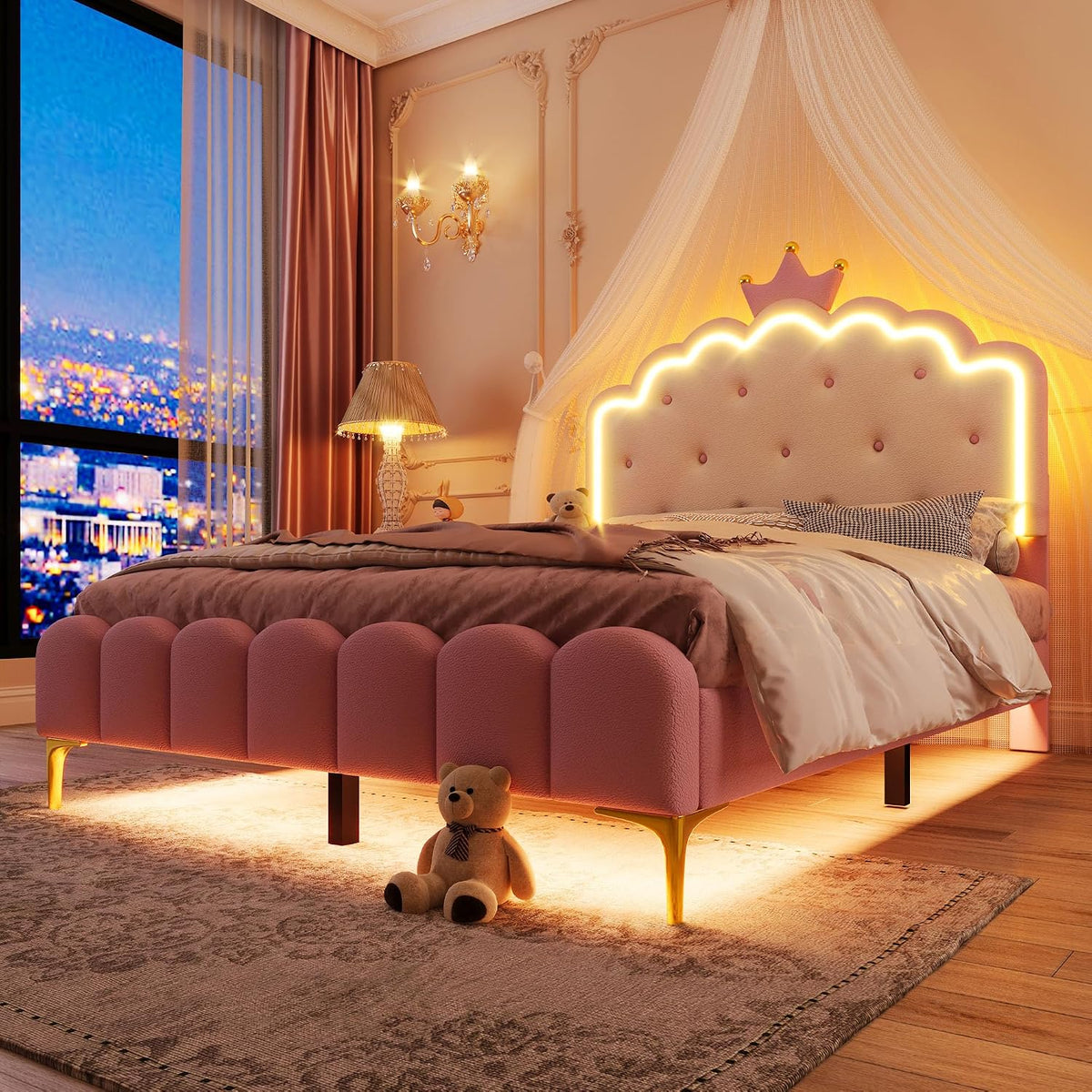 Kebnor Cama tapizada con somier, luz ambiental con mando a distancia, diseño de princesa heredera, material PU, color rosa (sin colchón) (140 x 200 cm)