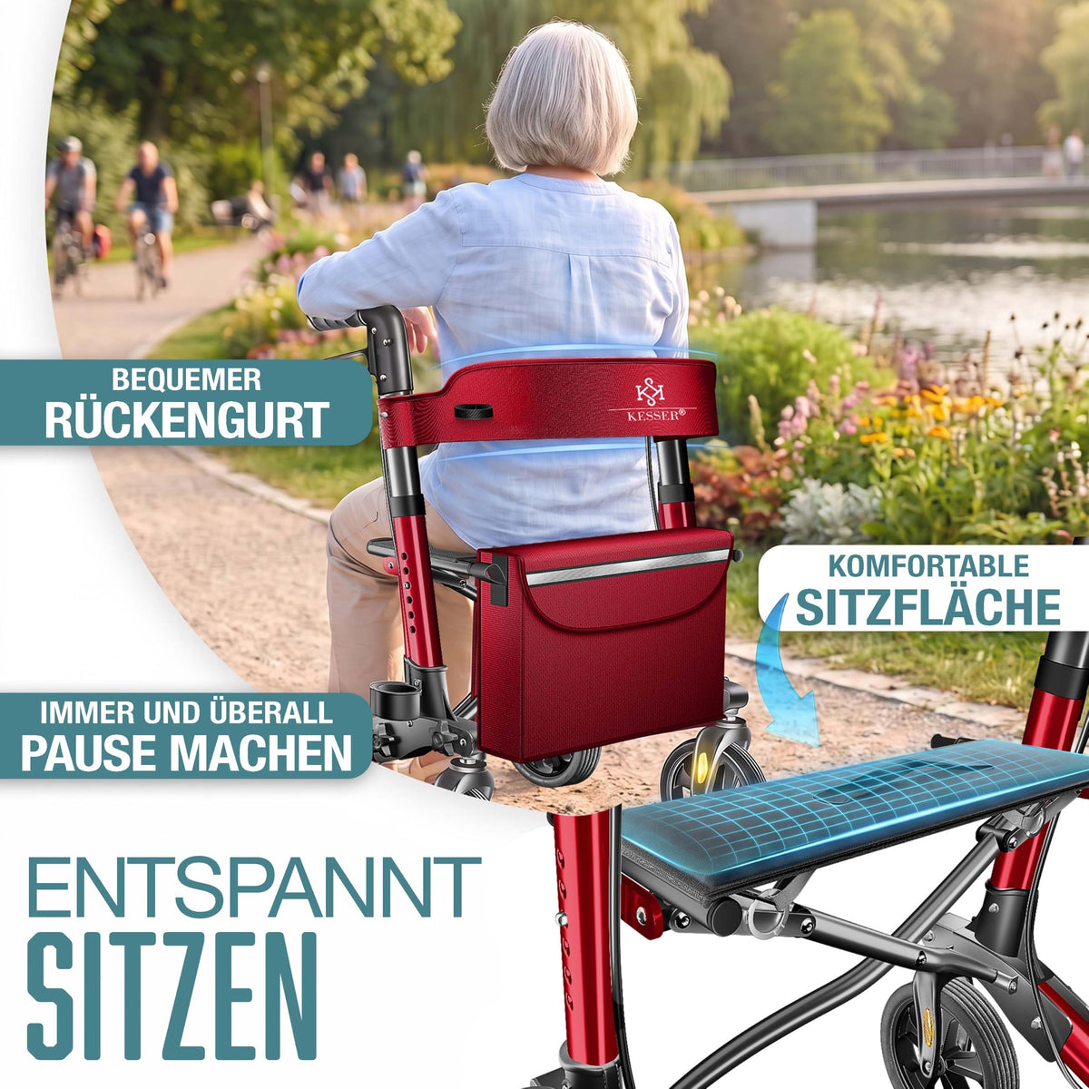 KESSER® Andador plegable con asiento y respaldo, 4 Ruedas/Frenos/Saco de Compra y Porta Bastón, Altura Ajustable 82-94cm, Andador, Carro, Rollator para Ancianos Gris