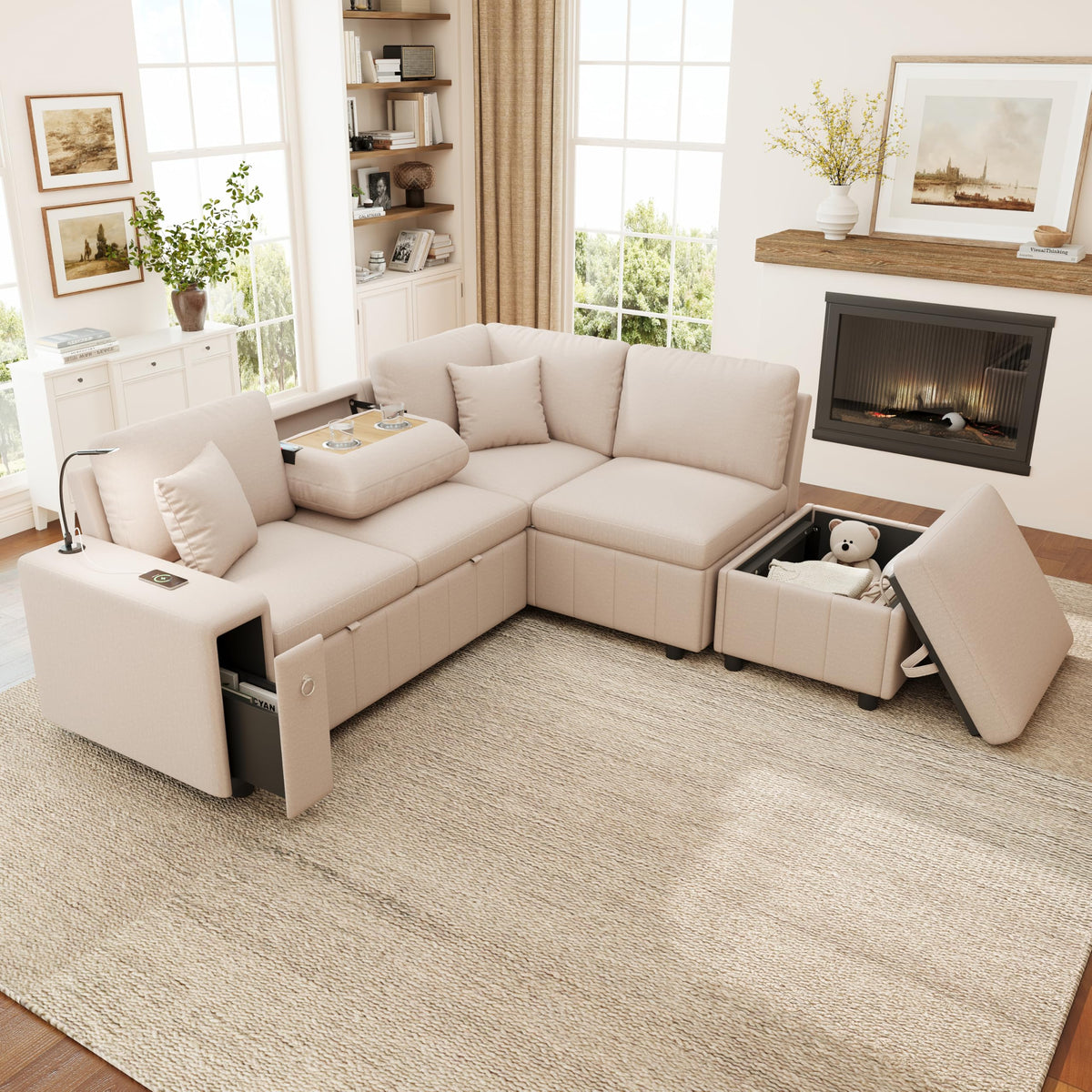 Sapgaks Sofá modular moderno de 6 plazas, con USB y portavasos, sofá de esquina modular muy grande en forma de U/L, con reposapiés extraíble y apoyabrazos con estantería, tela de chenilla, beige