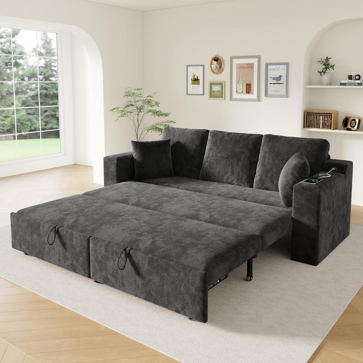 Sofá cama de 210 cm, multifuncional, 3 plazas, con función de dormir, sofá cama extensible, sofá con espacio de almacenamiento, reposabrazos y puerto de carga USB, para salón y dormitorio, color