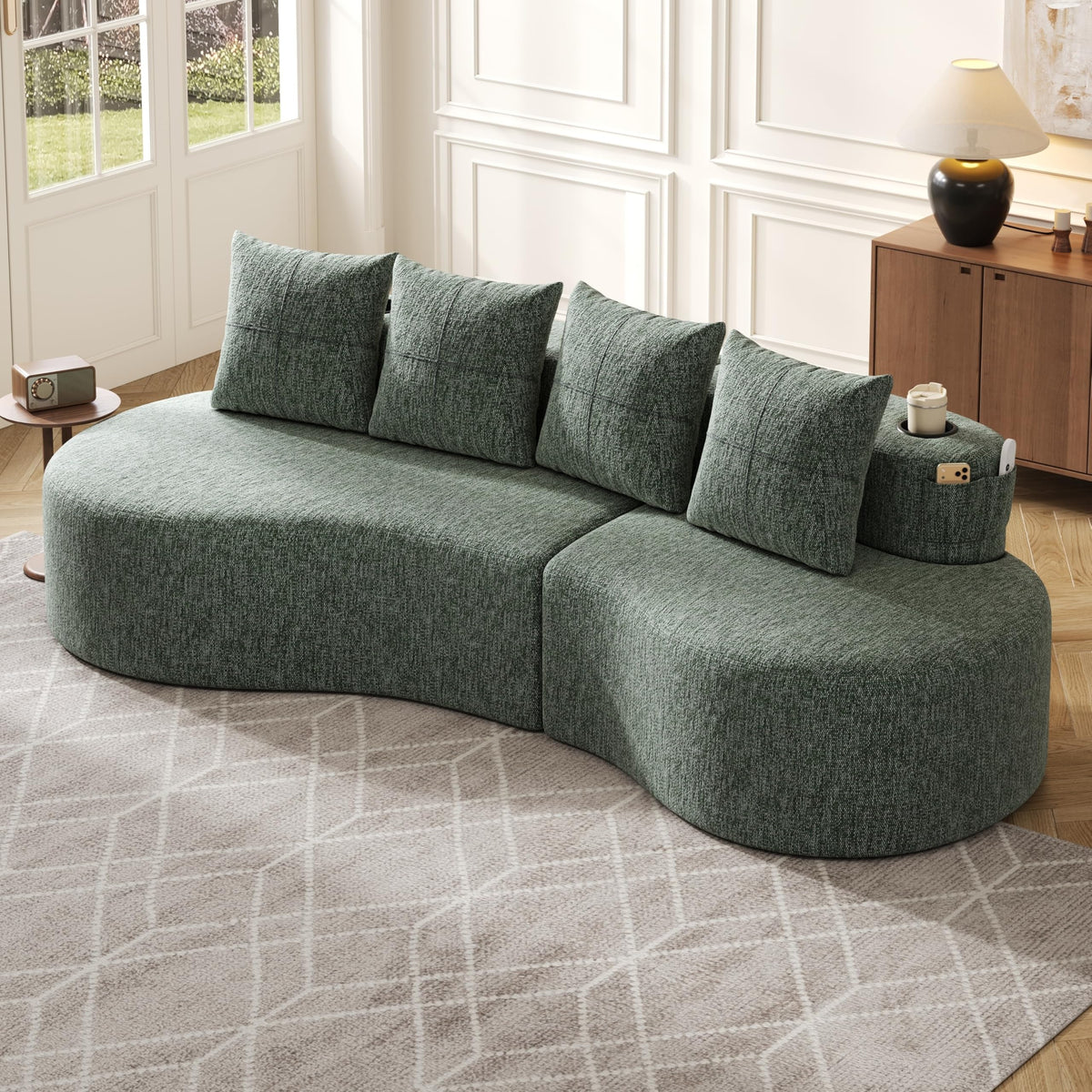 Bladez Sofá esquinero moderno curvado de 5 plazas, sofá modular de terciopelo, diseño curvado, cómodo sofá tapizado, cómodo sofá tapizado con cojines, adecuado para salón y apartamento, color blanco