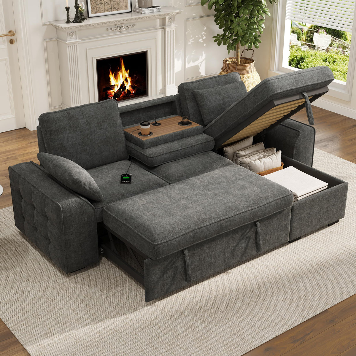 Sofá modular de 3 plazas con función cama extensible y USB/Type-C, sofá esquinero en forma de L con reposacabezas semifijos y compartimento de almacenamiento, sofás con chaise longue