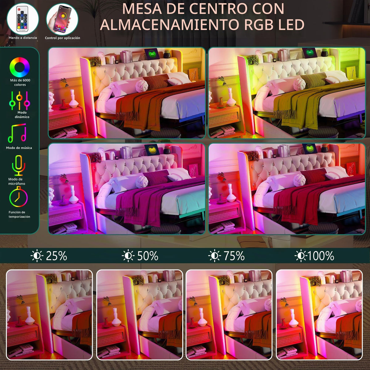 Cama tapizada de 160 x 200 cm, cama doble LED con espacio de almacenamiento, cabecero y función de carga USB C, cama de almacenamiento hidráulico, respaldo con somier de láminas de madera