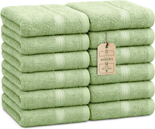 Luxe Set de 12 Toallas de Mano (Gants de Toilette) – 100% Algodón, Suaves & Absorbentes, Fáciles de Mantener, Premium para el Rostro, 30×30 cm, Verde Salvia