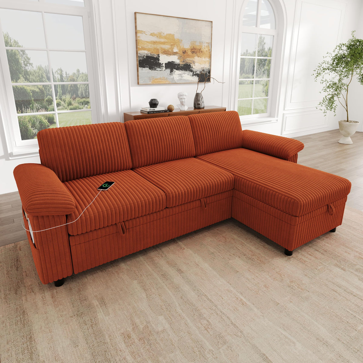 Sofá modular de 3 plazas con función cama extensible y USB/Type-C, sofá esquinero en forma de L con reposacabezas semifijos y compartimento de almacenamiento, sofás con chaise longue