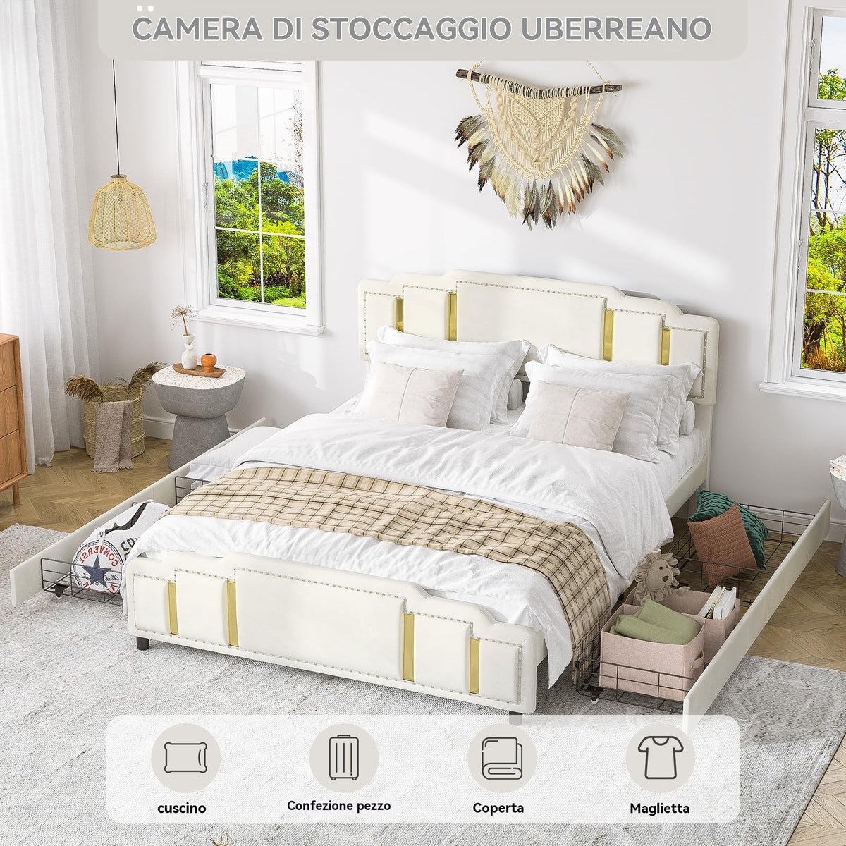 Cama tapizada de 160 x 200 cm con espacio de almacenamiento e iluminación LED, cama doble hidráulica con detalles dorados, cama de terciopelo de lujo con sincronización de música y