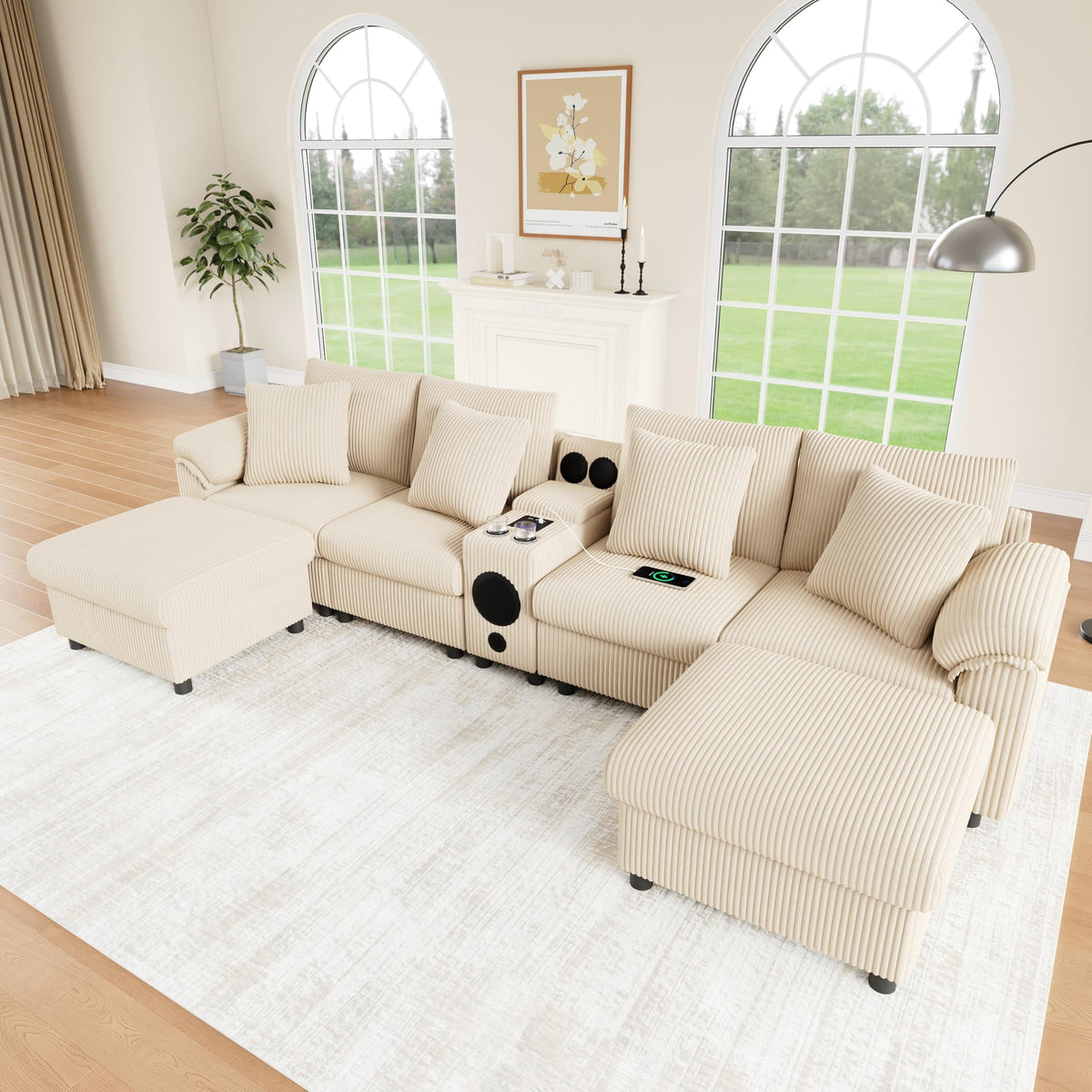 Sofá modular de 6 plazas, sofá esquinero en forma de L/U, puertos USB/tipo C, portavasos y espacio de almacenamiento, tela de chenilla, 7 cojines, salón, dormitorio y oficina, color beige