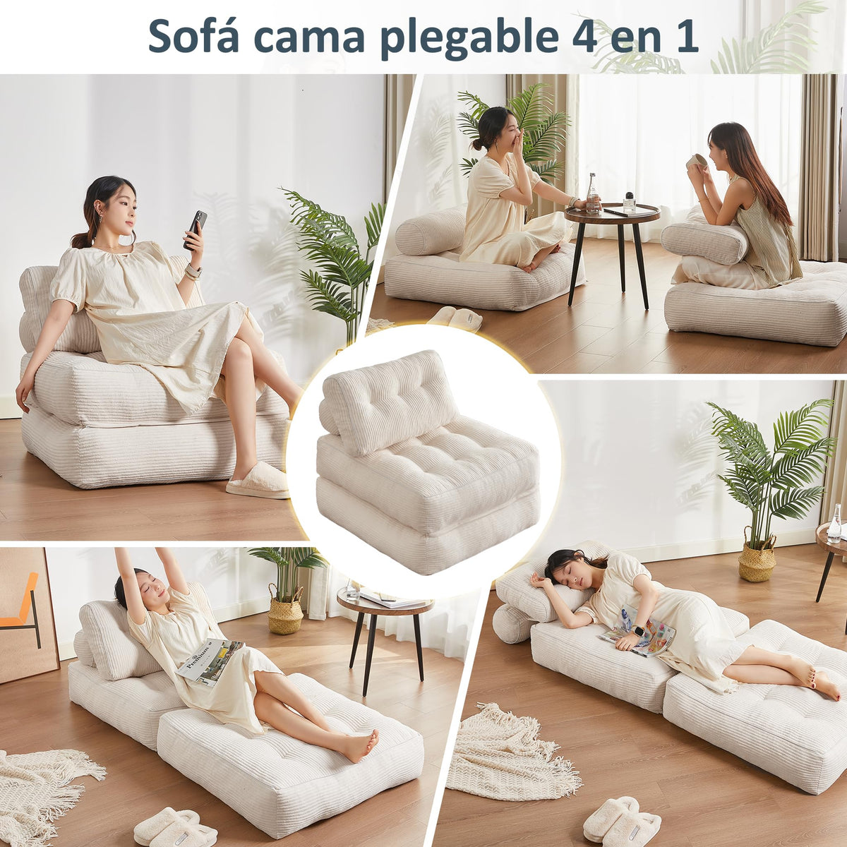 Sofá Convertible 4 en 1, Sofá Cama 1 Plaza, Pana, Negro