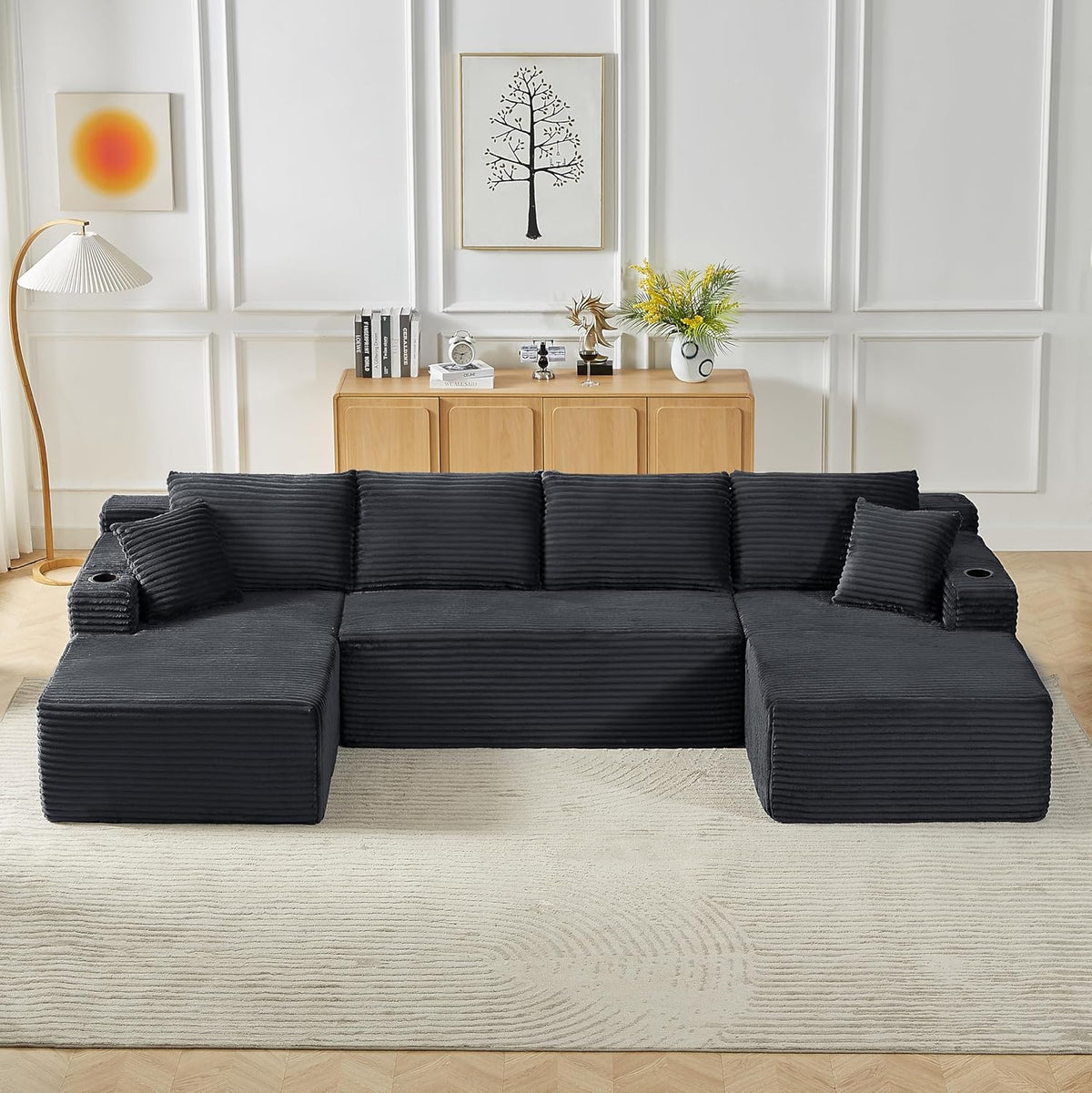 Bladez Sofá esquinero modular en forma de U de pana de 3 plazas gris con otomana