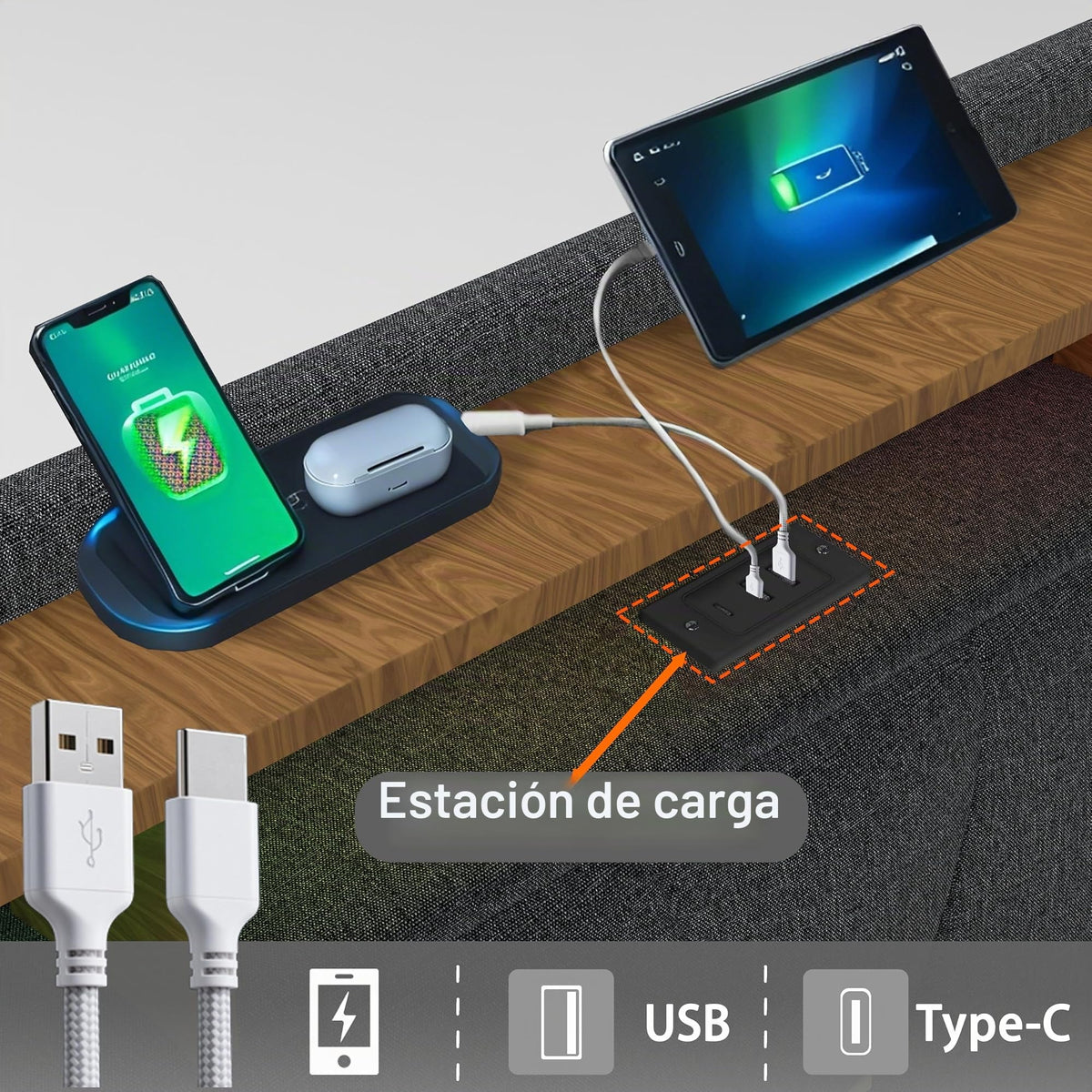 Estructura de Cama de Cuero 160x200cm con Carga USB Type-C, Blanco