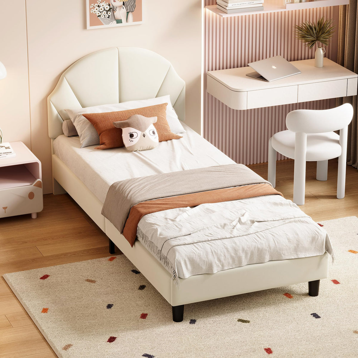 Cama Infantil tapizada 140 x 200 cm con LED, Cama tapizada para niños 140 x 200 con cabecera Ajustable Marco de Camas, Camas de Princesa para Niña en Forma de Corona con Somier(Rosa, 140 x 200)